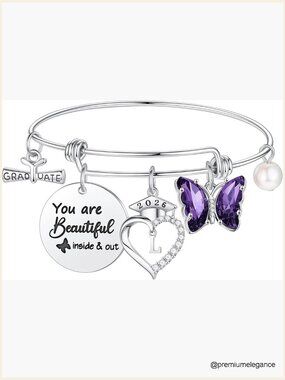 Graduation Gift Inspirational Butterfly Initial Bangle Bracelet